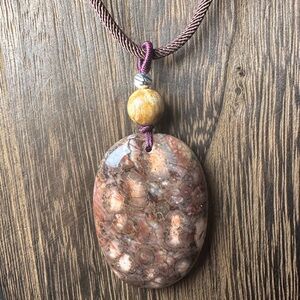 Ocean Jasper Pendant Necklace, Palo Santo Bead on Brown Rope